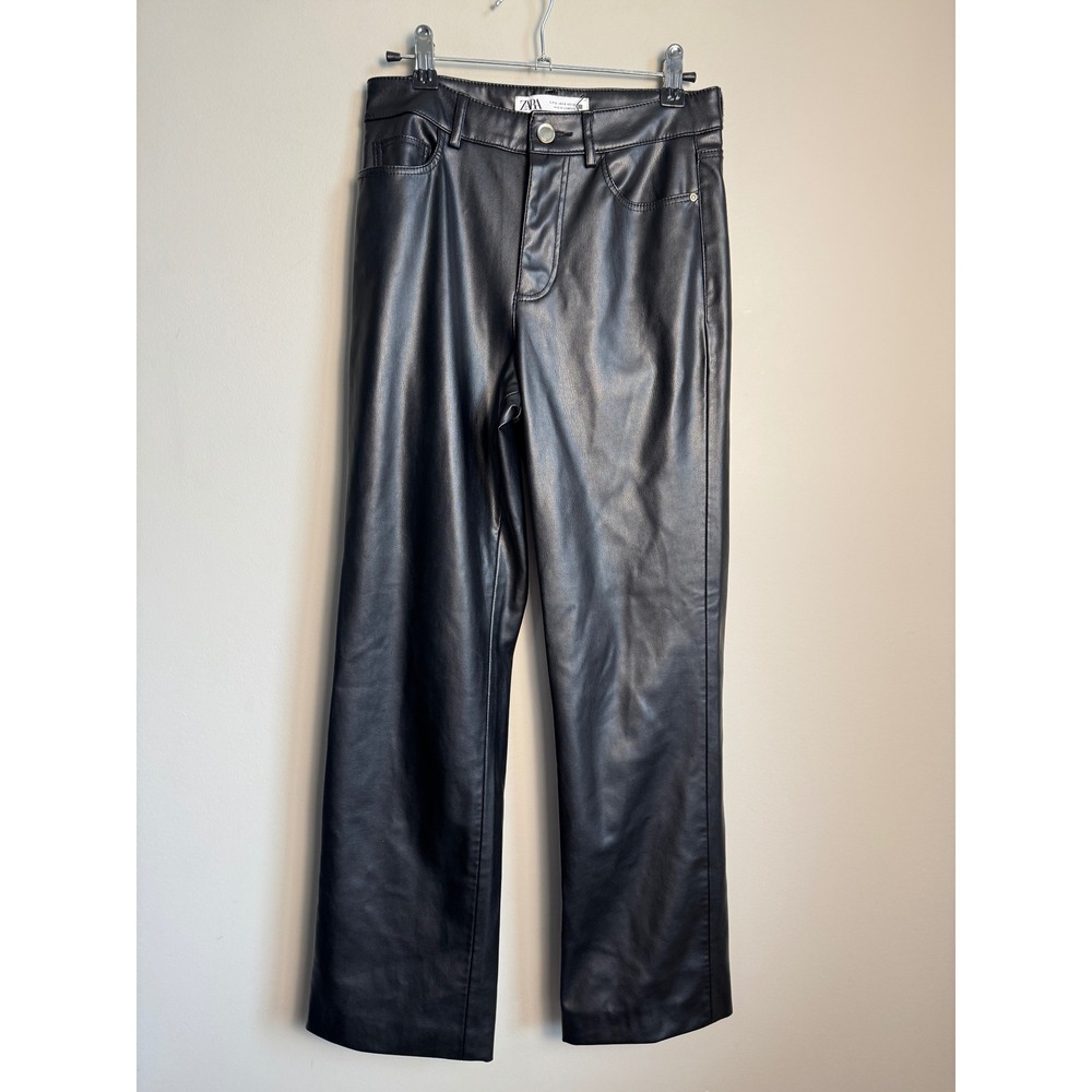 ZARA Womens Black Faux Leather Straight Leg Pants Size 0 Edgy Chic Minimalist
